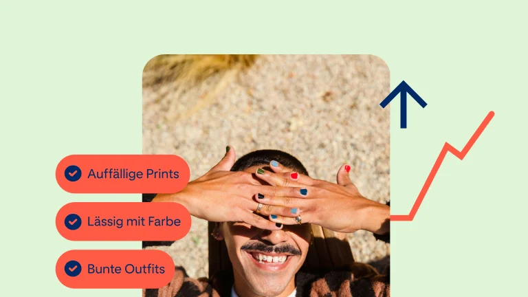 Pin mit lächelnder weißer Person mit bunten Fingernägeln, die sich die Hände vor die Augen hält; links verschiedene Produkt-Tags.