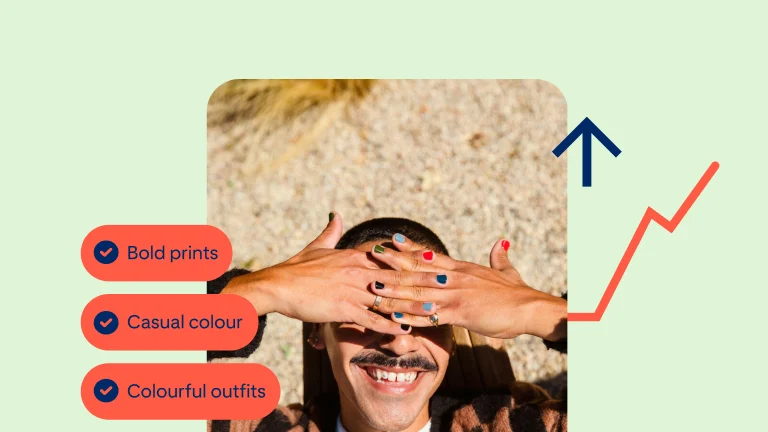 A Pin featuring a white person with brightly-painted nails covering their eyes from the sun, with various product tags along the left-hand side.
