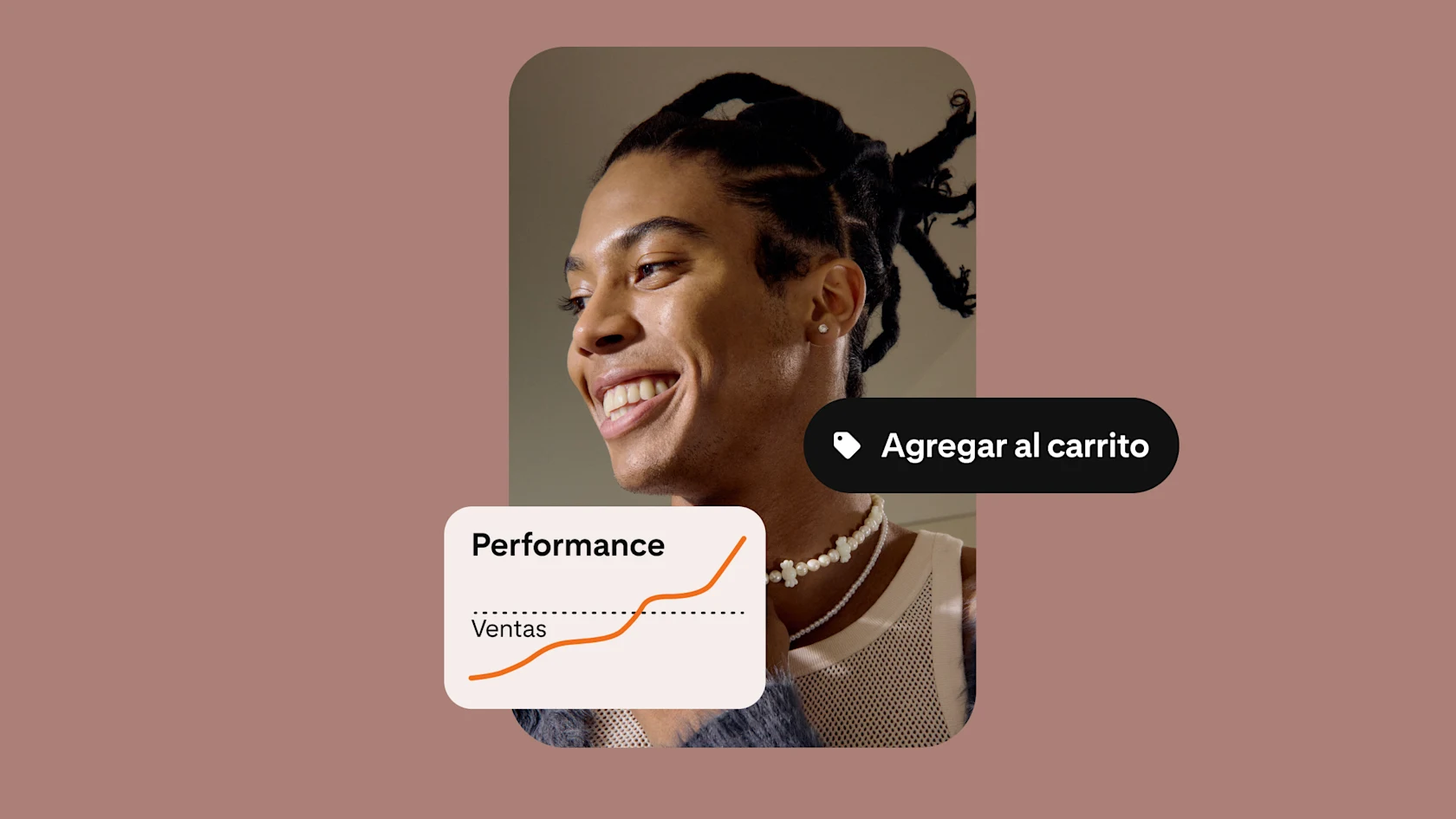 Persona sonriente con cabello trenzado, con un gráfico superpuesto de rendimiento ficticio que muestra un aumento en las ventas en la parte inferior izquierda de la imagen. A la derecha, aparece un botón negro con el texto “Agregar al carrito”.