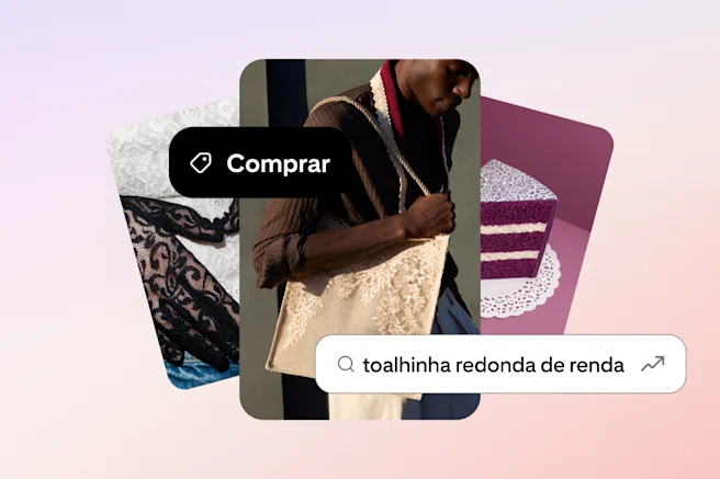 Imagens de uma bolsa tote com detalhes em renda, meia-calça e um bolo aparecem ao lado da consulta de pesquisa por "toalhinha redonda de renda" e um ícone de compra.