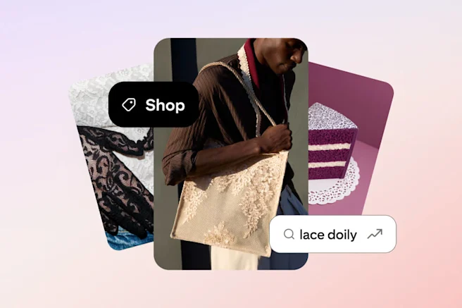 Images of a lace-decorated tote bag, tights and cake are accompanied by a search query for ‘lace doily’ and a shop icon.