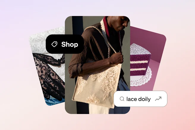 Images of a lace-decorated tote, tights and cake are accompanied by a search query for “lace doily” and a shop icon.