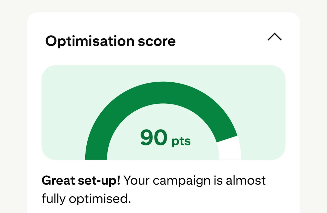 Campaign optimisation score, as seen in Pinterest Ads manager, is 90 pts, which is a great set-up.