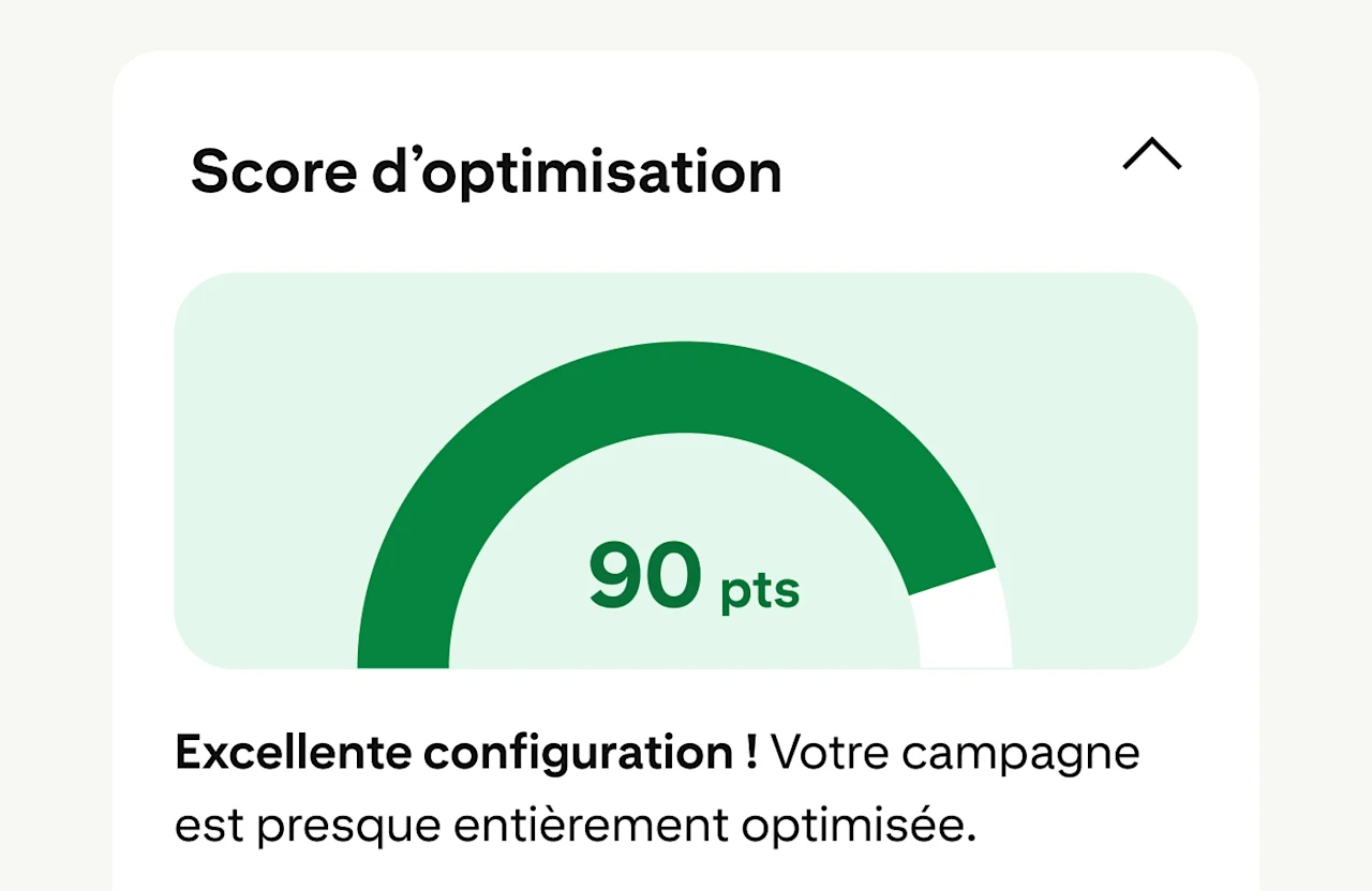 Le score d’optimisation de campagne, tel qu’affiché dans le Gestionnaire d’annonces Pinterest, est de 90 points. C’est une excellente configuration.