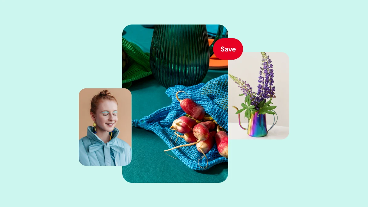 A collage of three images on a teal background. On the left, a red-haired woman with blue eyeshadow and jacket. In the middle, a table with radishes and a pitcher of water in the background. On the right, a bunch of purple flowers in a technicolour vase. 