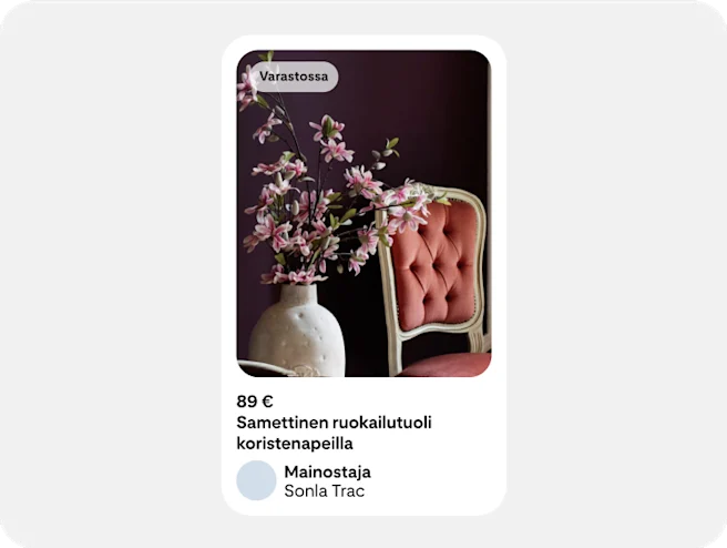 Ostosmainos, jossa kalusteita ja tietoja saatavuudesta ja hinnasta.