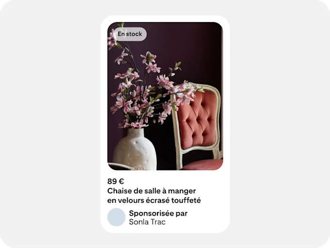 Une annonce Shopping montrant des meubles, accompagnée d’une mention de disponibilité et d’un prix.