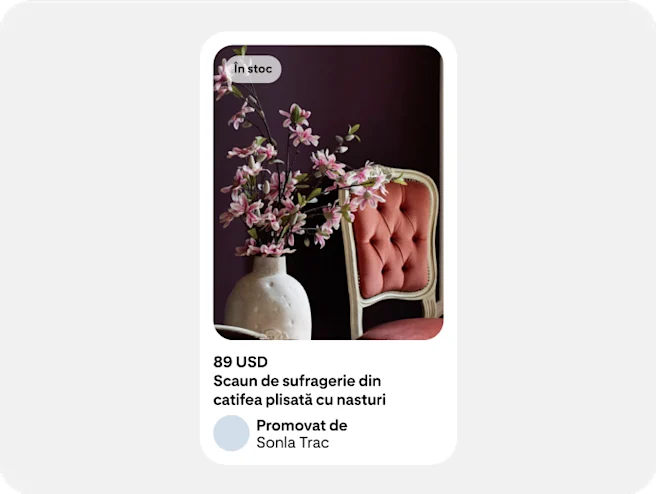 O reclamă de cumpărături care prezintă mobilier, cu informații despre disponibilitate și preț.