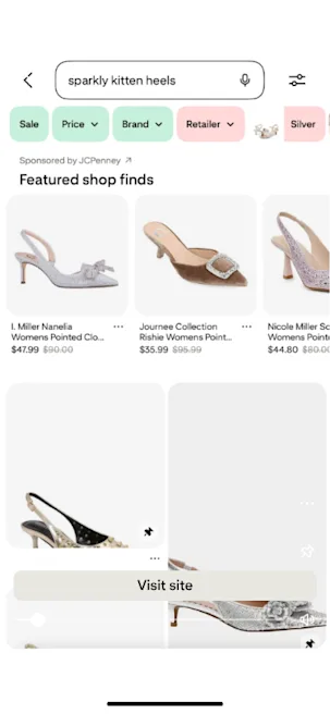 Search results for "sparkly kitten heels" showing various styles with price tags. Shoes are glittery, elegant, with slingback and pointed designs.