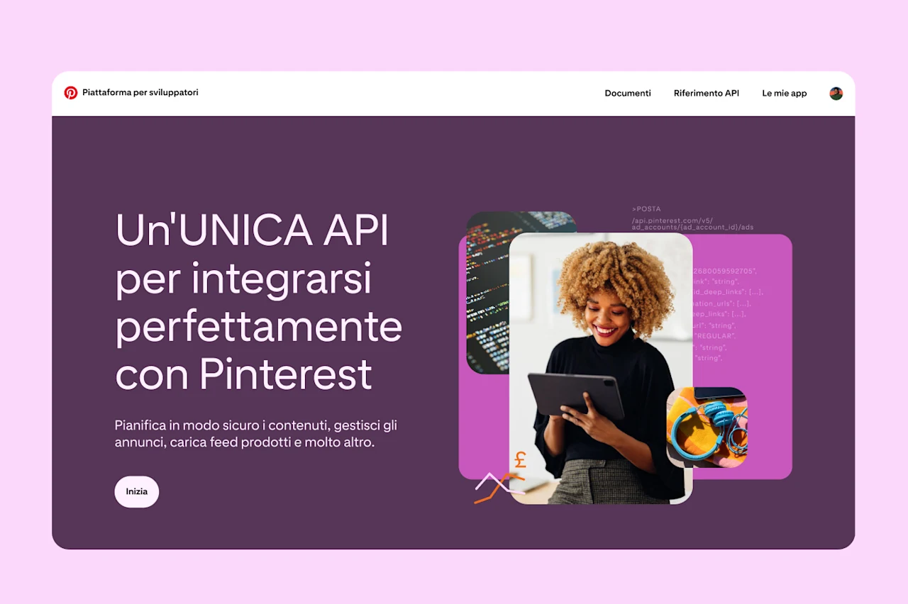Screenshot che mostra la homepage della piattaforma per sviluppatori di Pinterest, con alcuni Pin fittizi a destra e un pulsante CTA "Inizia" a sinistra.