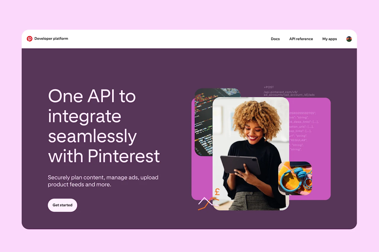Screenshot that shows the Pinterest Developer Platform homepage which features some mock Pins on the right and a call-to-action button to 'Get started' on the left.
