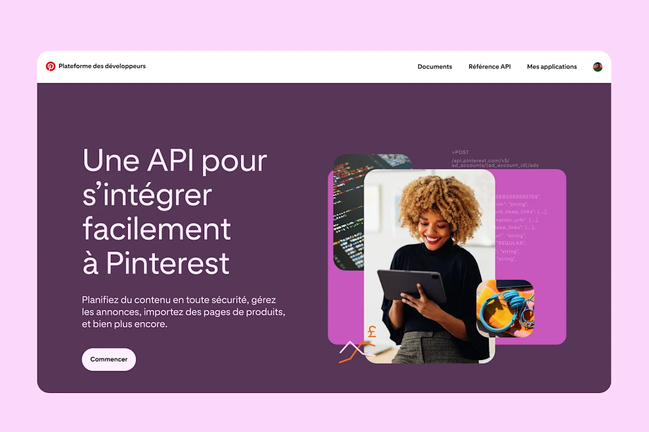 Une capture d’écran de la page d’accueil de la plateforme des développeurs Pinterest sur laquelle on peut voir des Épingles fictives à droite et un bouton de call-to-action « Get started » invitant l’internaute à essayer l’API à gauche.