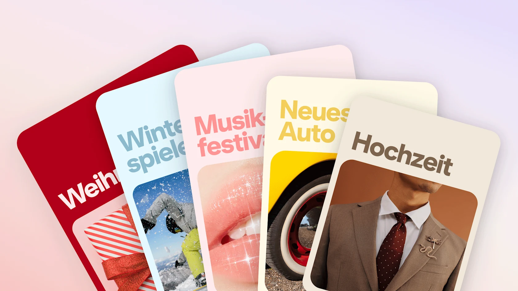 Fünf übereinander liegende Karten, die saisonale Planungs-Chancen auf Pinterest zeigen: Weihnachten, Wintersport, Musikfestival, neues Auto und Hochzeit.