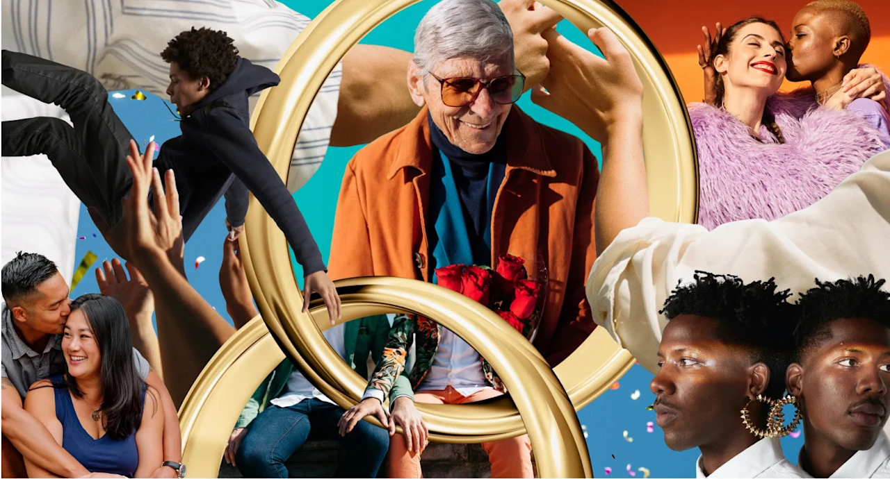 Collage of diverse couples. Asian couple hugging each other. Two entangled wedding bands in the center. Older white man holds a bouquet of roses. Interracial queer couple kissing on the cheek. Black twins connected by entangled hoop earrings.