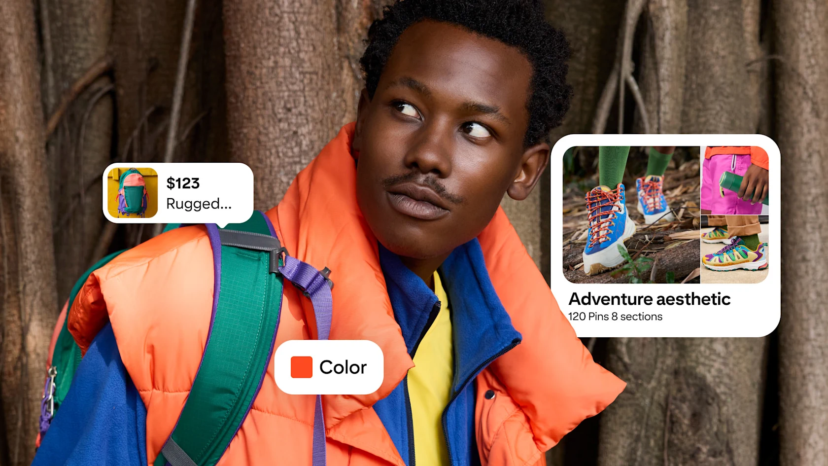Person in outdoor gear with Pinterest Lens results showing a rugged backpack, an orange color filter, and an “Adventure aesthetic” board with hiking boots and accessories.