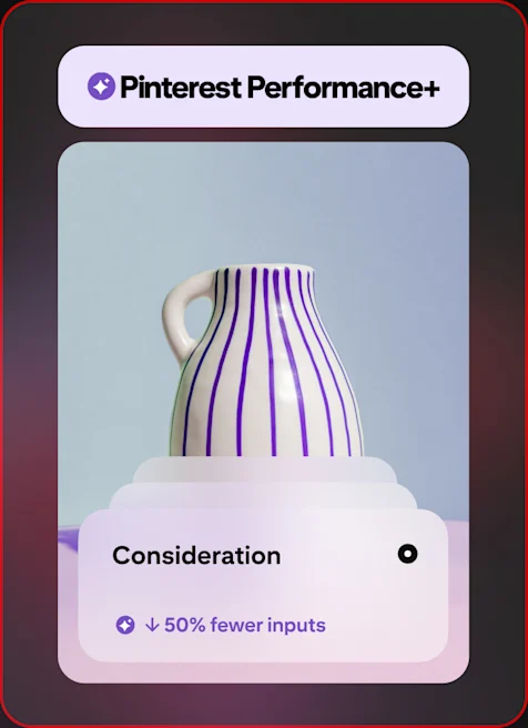 Messaging about quicker set-up is overlaid on a photo a striped ceramic vase