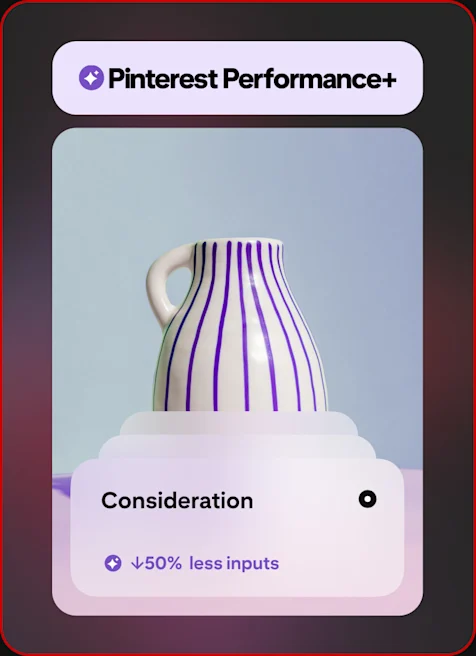 Messaging about quicker setup is overlaid on a photo a striped ceramic vase