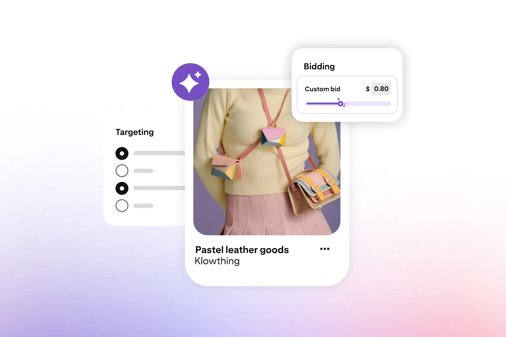 Pinterest Performance+, produto de IA para anunciantes. Um anúncio patrocinado de artigos de couro em tons pastéis, segmentação automática e controles personalizados de lances para ilustrar a otimização de campanhas com IA para marcas de e-commerce.