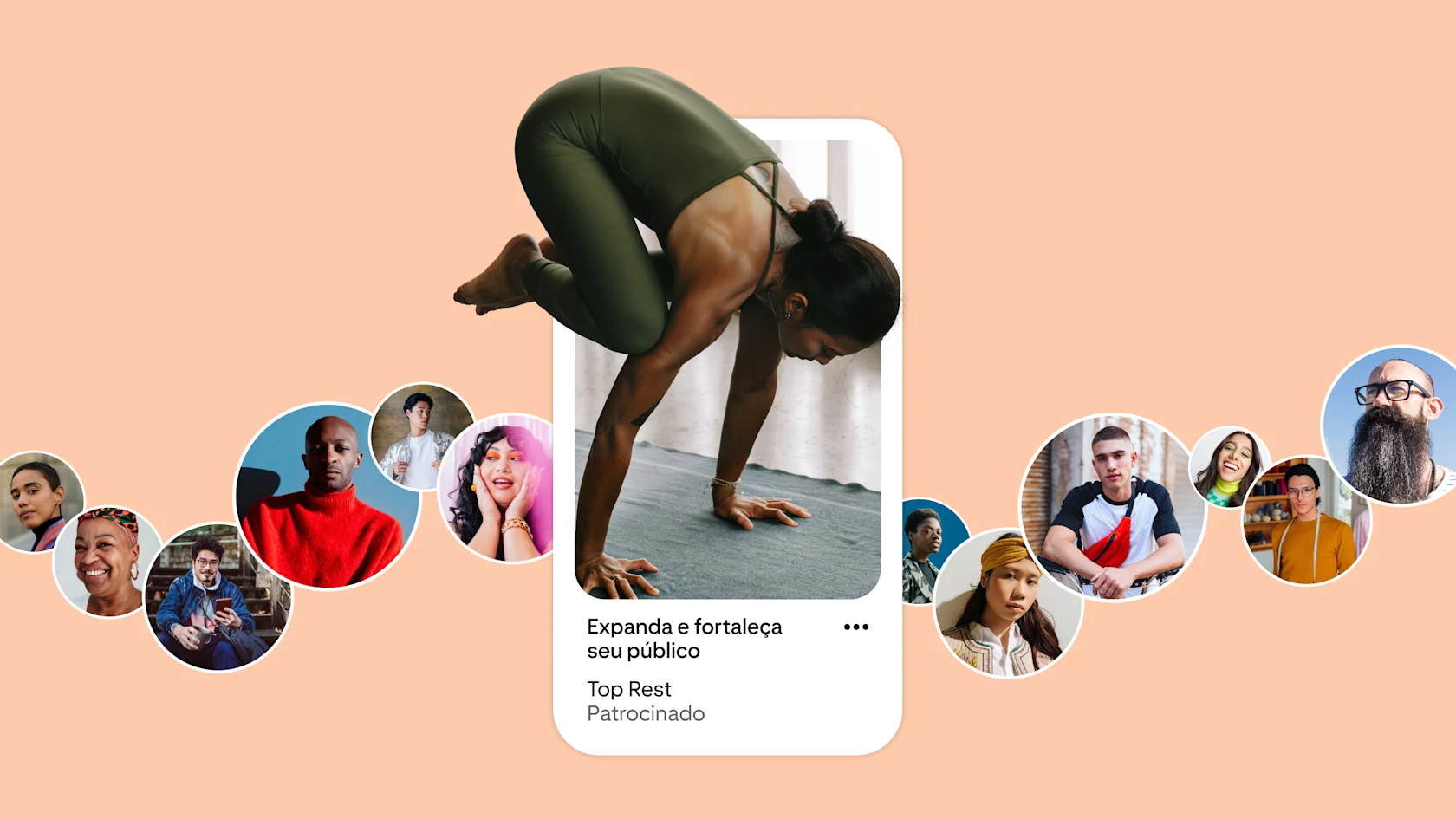 Um modelo de anúncio mostra uma mulher praticando ioga. O anúncio diz "Alongue e fortaleça seu público". A imagem exibe os rótulos "Patrocinado" e "Top Rest". Ao redor do anúncio, há fotos circulares dos perfis de várias pessoas.