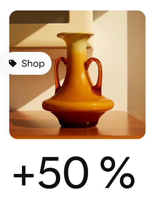 En pin, der kan shoppes, viser en brun kande med et ikon, der viser, at du kan købe den.