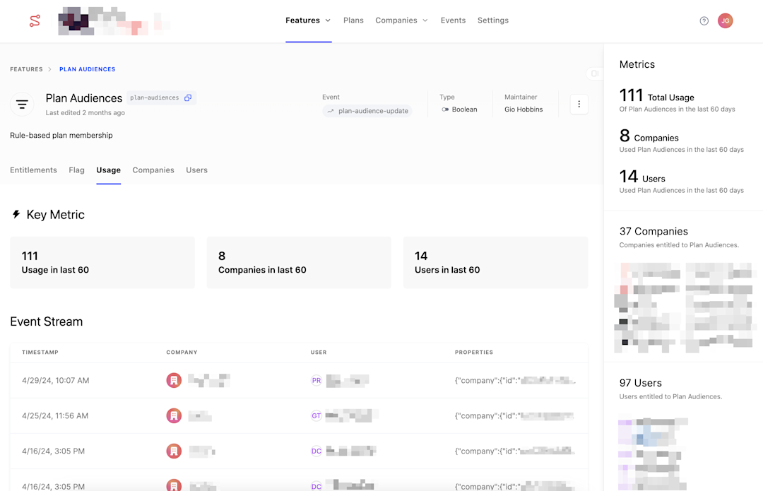 Associate track events with features to see usage data over the last 30 days by company and user.