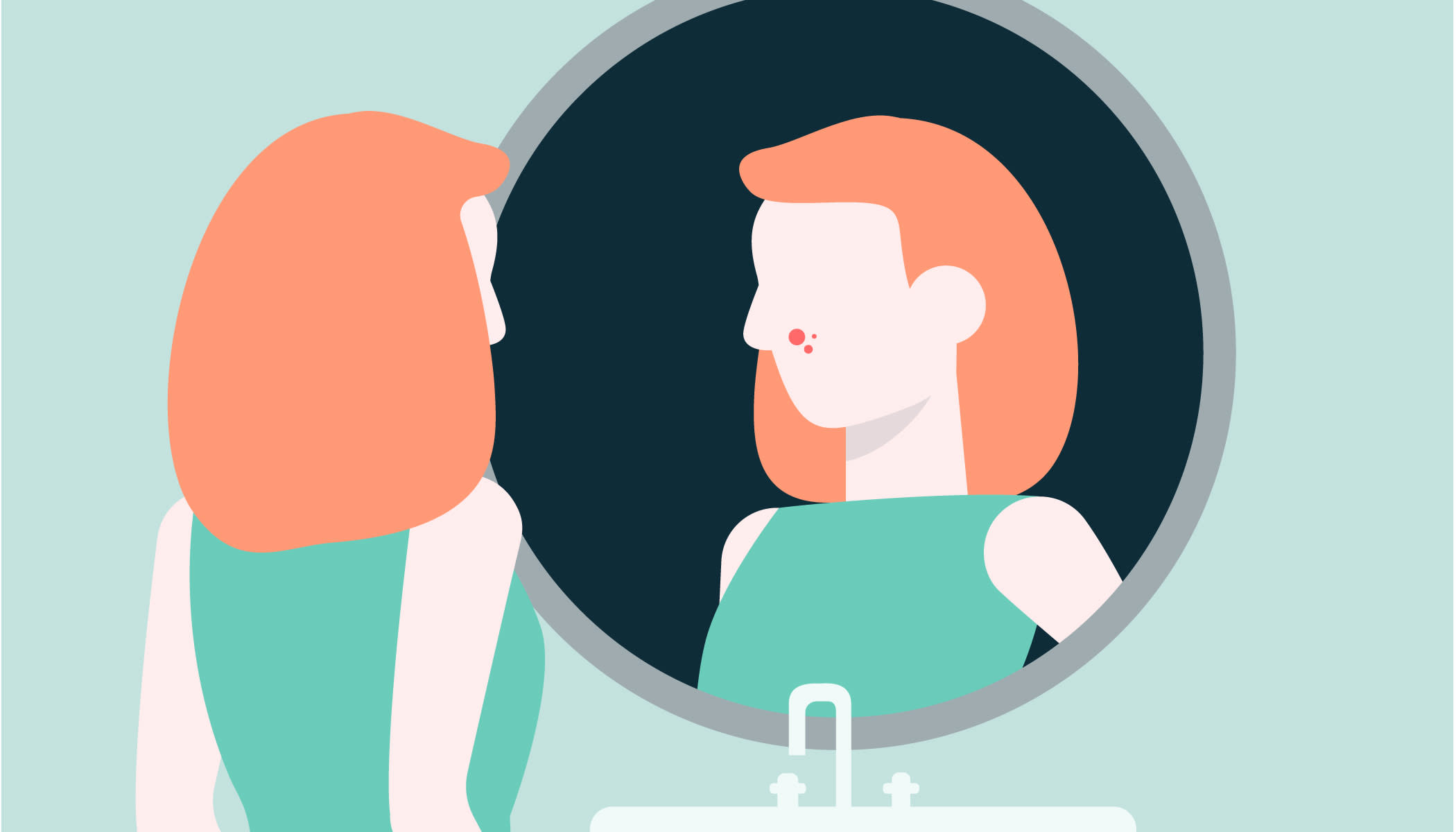 Femme souffrant d'acné devant un miroir