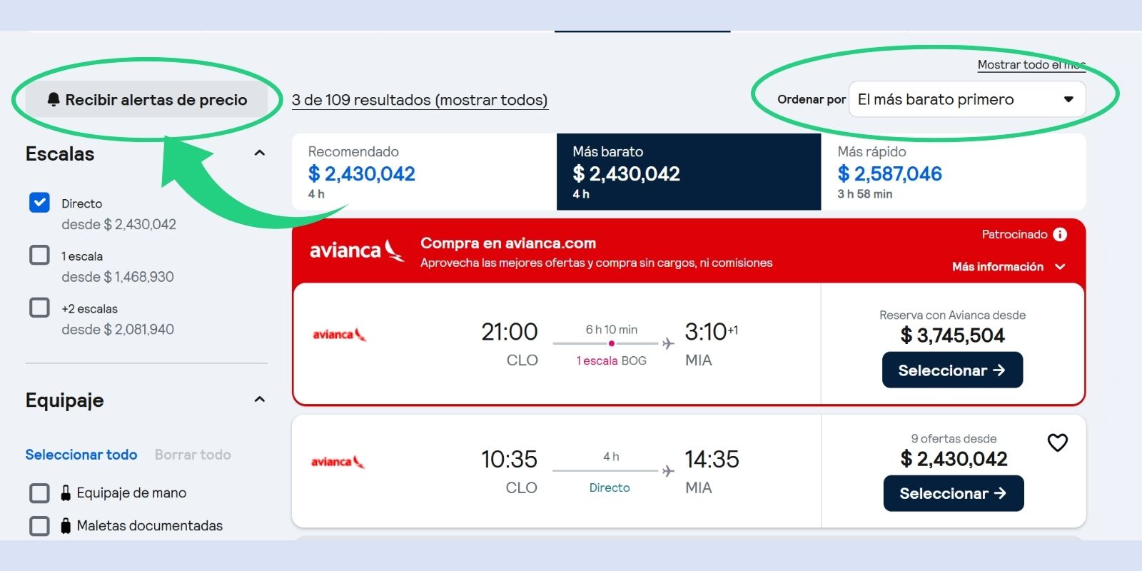Sitio de Skyscanner donde se puede activar las alertas de precios y filtrar por más barato
