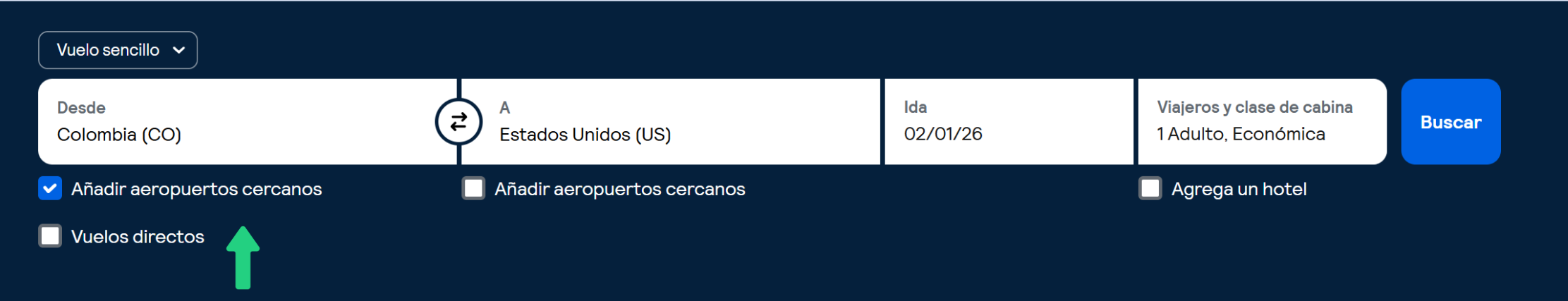 Opción de Skyscanner para filtrar aeropuertos