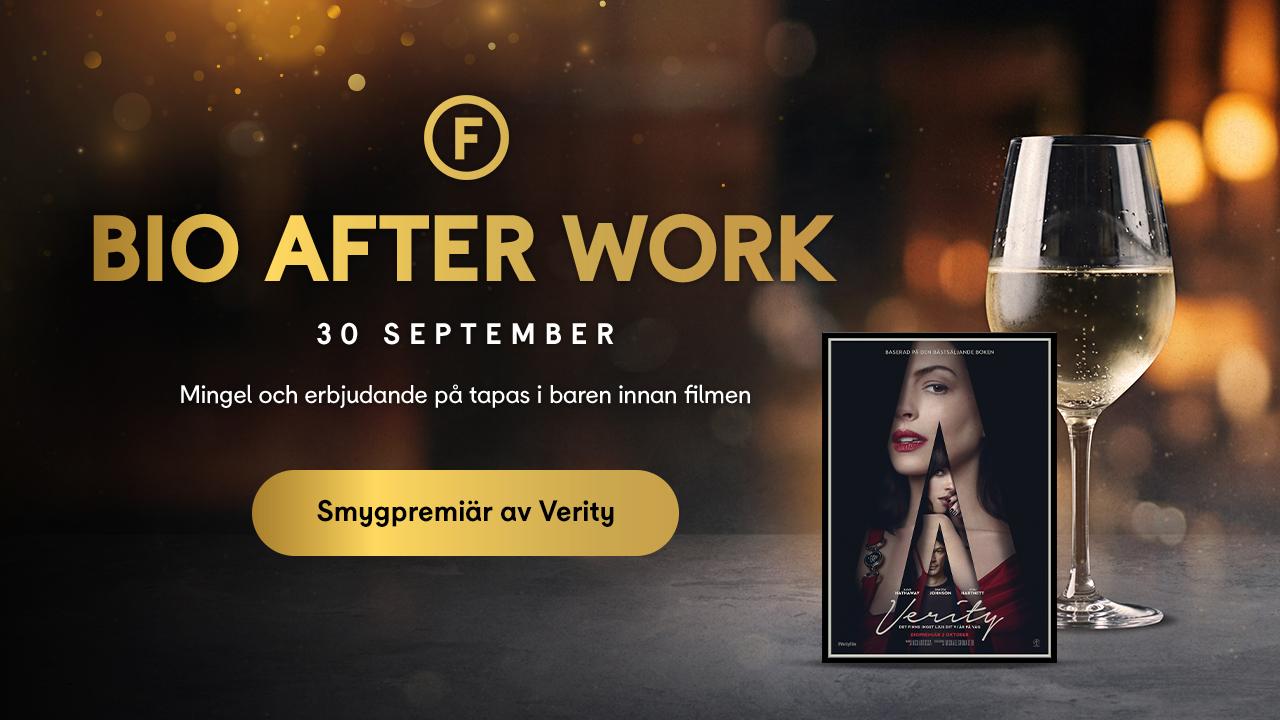 Bio After Work-annons med ett glas mousserande dryck, filmaffischen Verity och information om smygpremiär samt erbjudanden i baren.