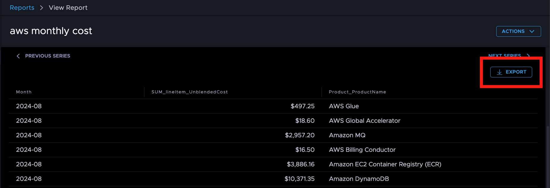 Table Export of Custom Reports