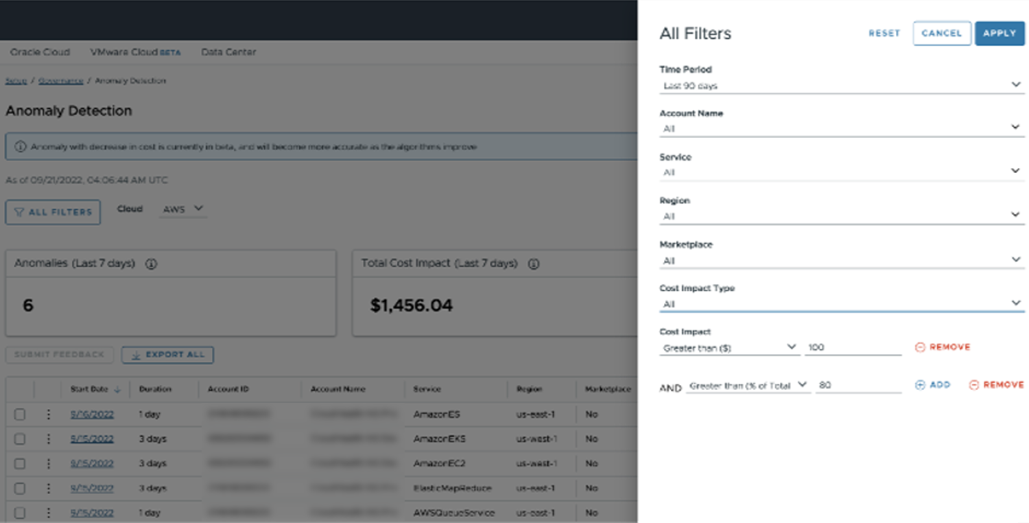 anomaly detection filter panel
