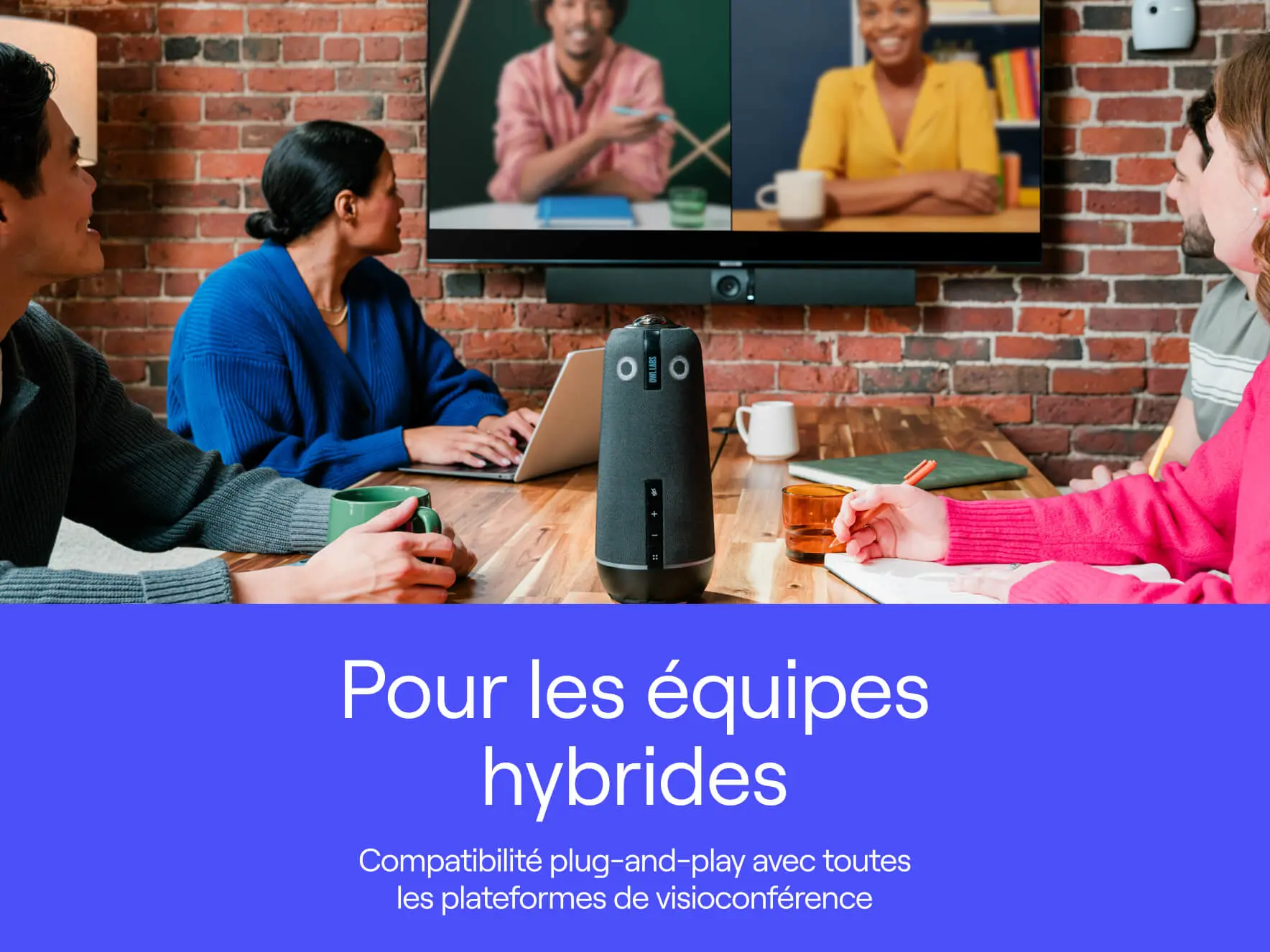 Group of professionals in a hybrid meeting using a video conferencing system with plug-and-play compatibility.