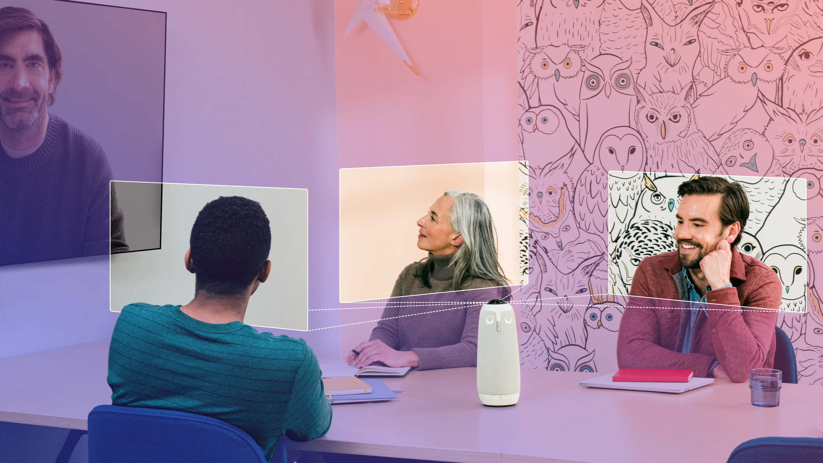 Meeting Owl 3 In-Room view with conference camera call participants