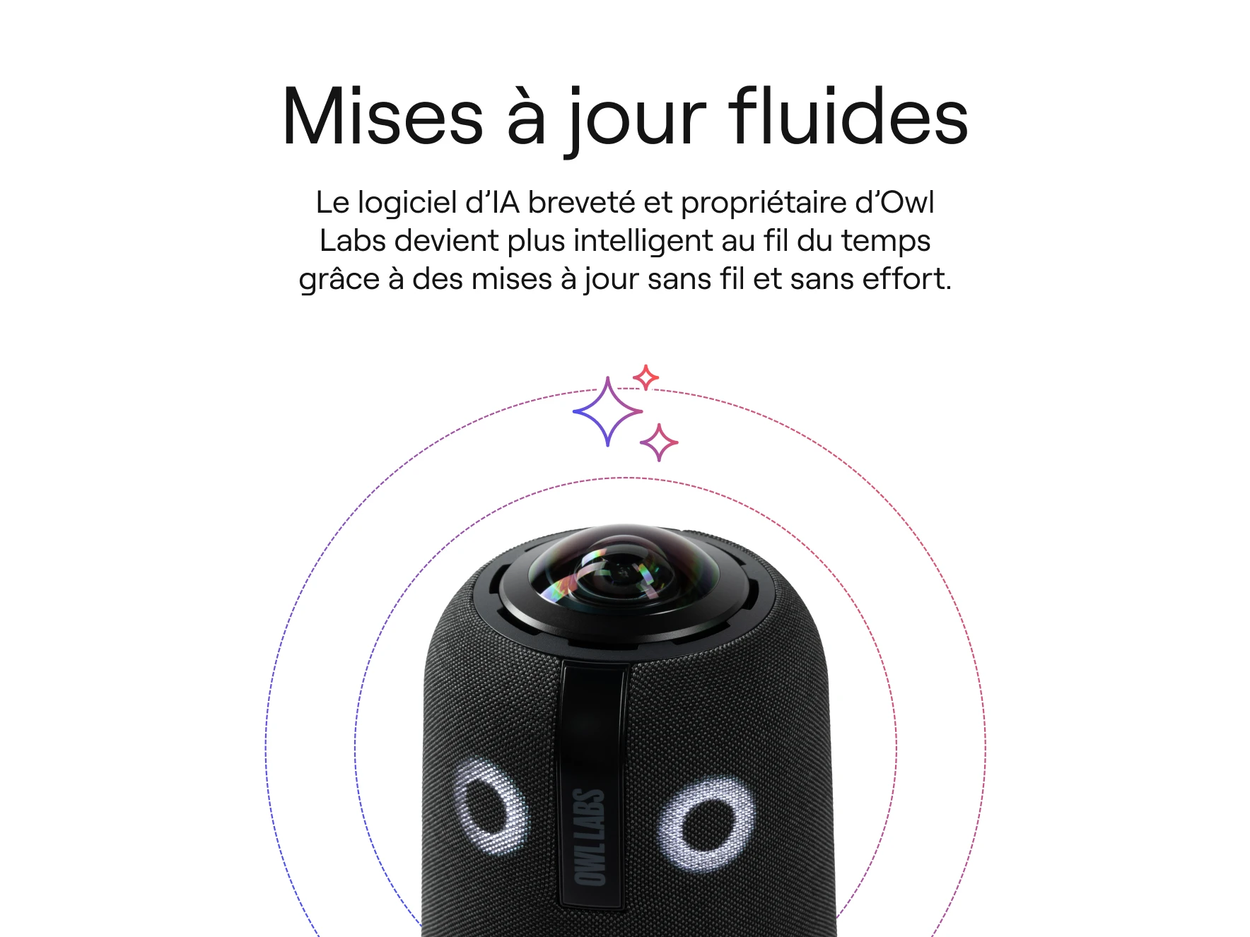 Close-up of an Owl Labs device showcasing its camera with AI-powered, wireless updates