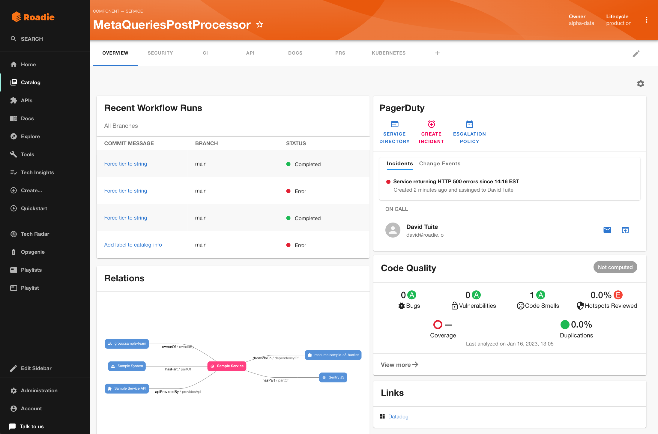 Screenshot of an Internal Developer Portal with a PagerDuty integration