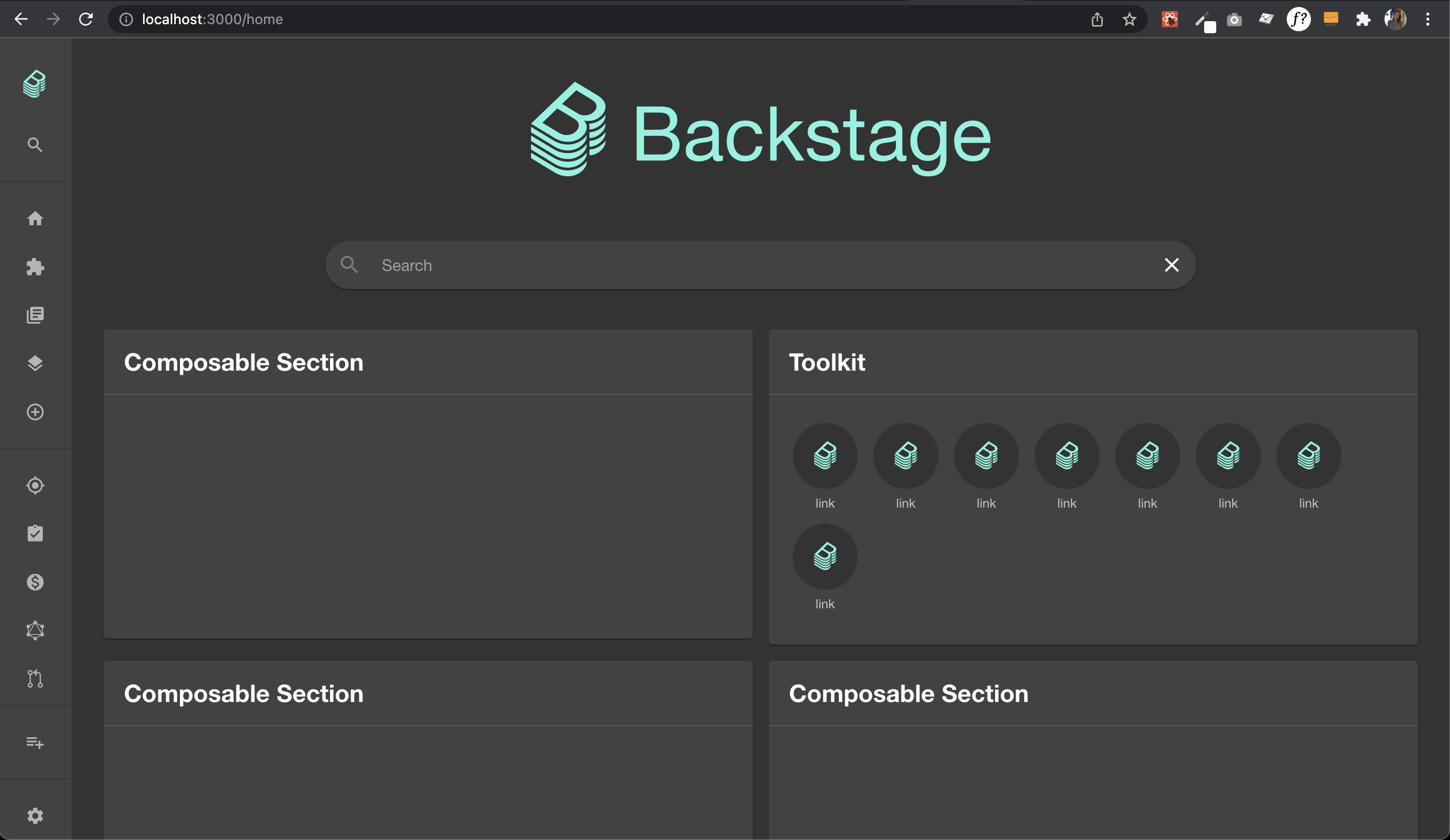 a page in Backstage with a Backstage logo, search bar and some empty components below