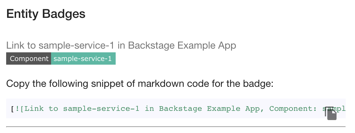 markdown code which can be copied out of Backstage and added to a GitHub repo to get a colored link