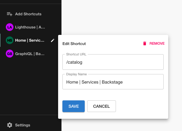 Backstage app sidebar with Add shortcut button which opens a form to specify a URL and label