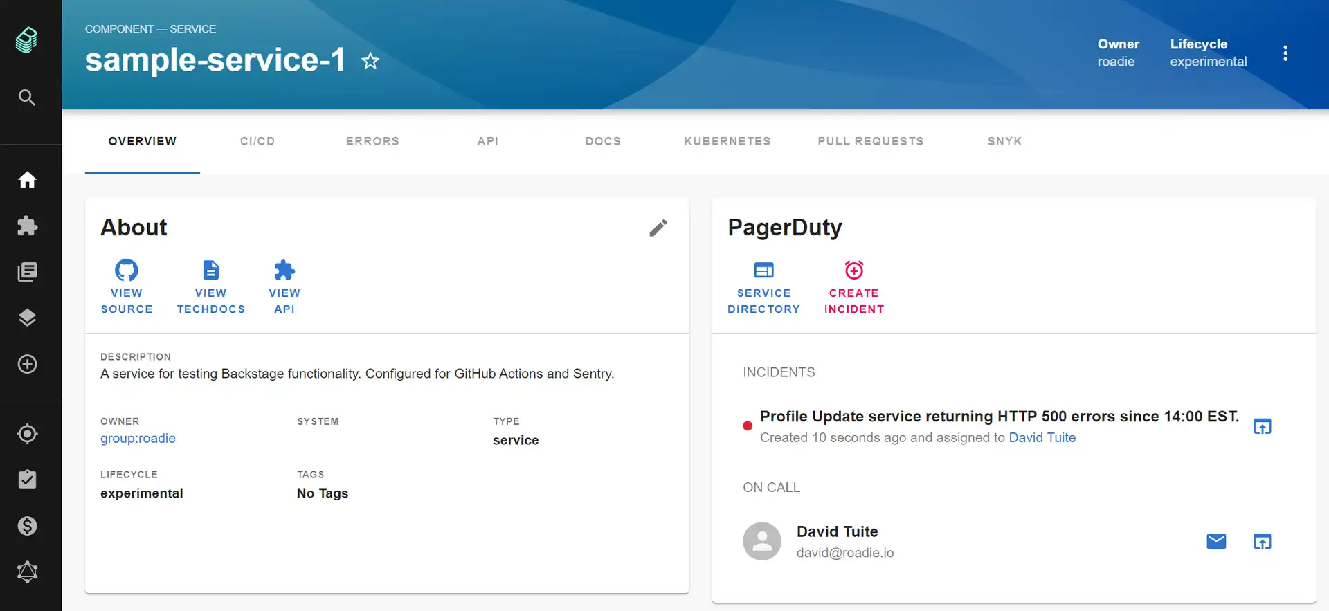 Screenshot; pagerduty plugin in internal developer portal