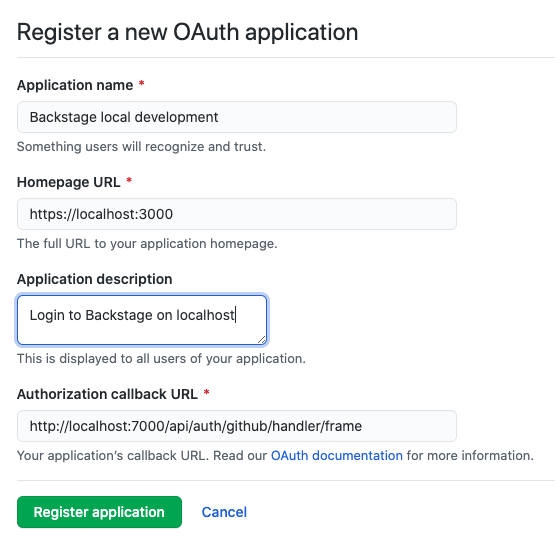 a screenshot of the form on GitHub which allows the user to register a new OAuth application. The values mentioned above are prefilled.