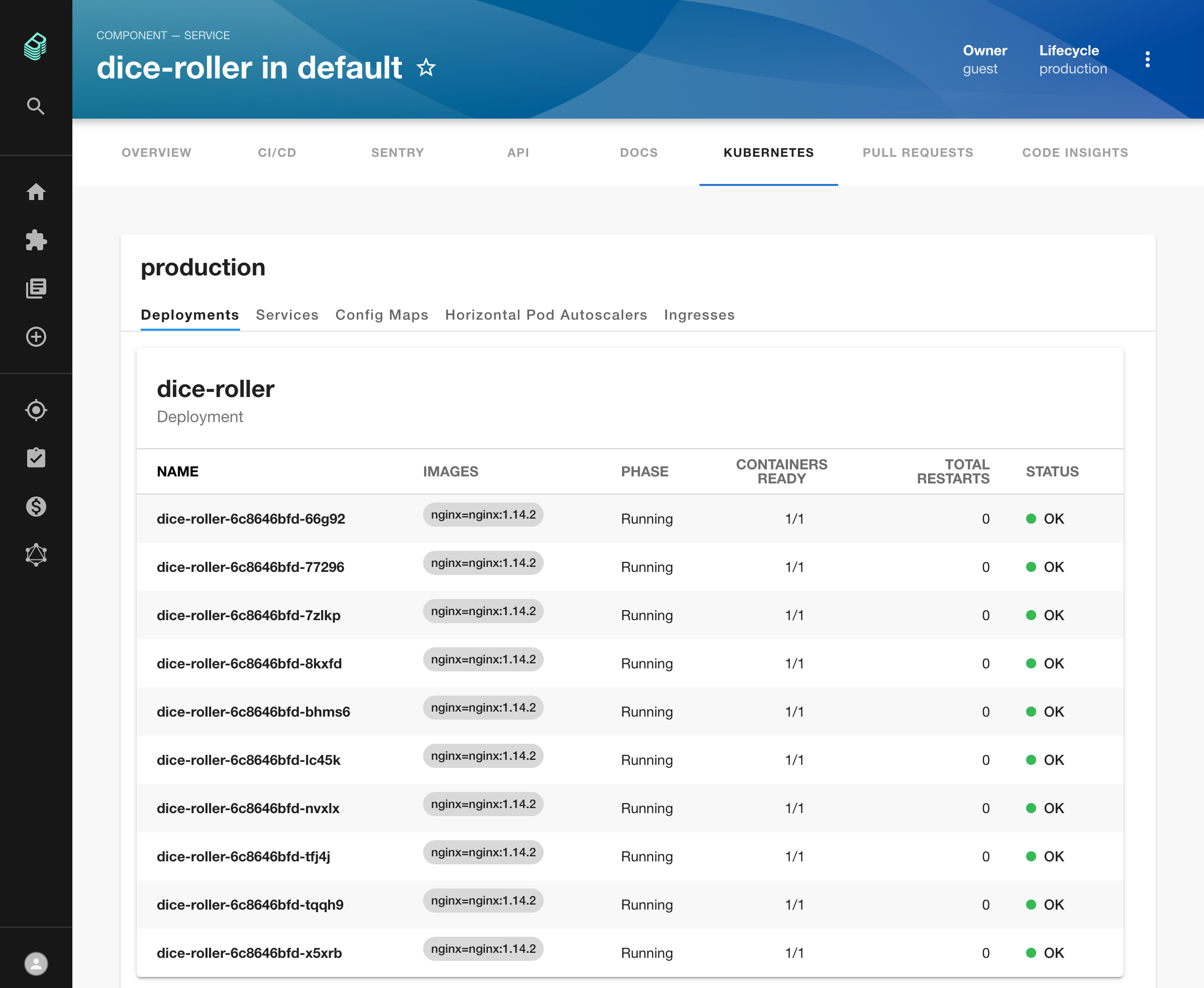 a screenshot of the Backstage kubernetes pluign showing a number of pods for an application called dice-roller