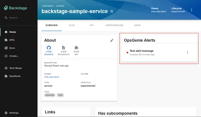 Screenshot: Opsgenie plugin with alerts on entity page