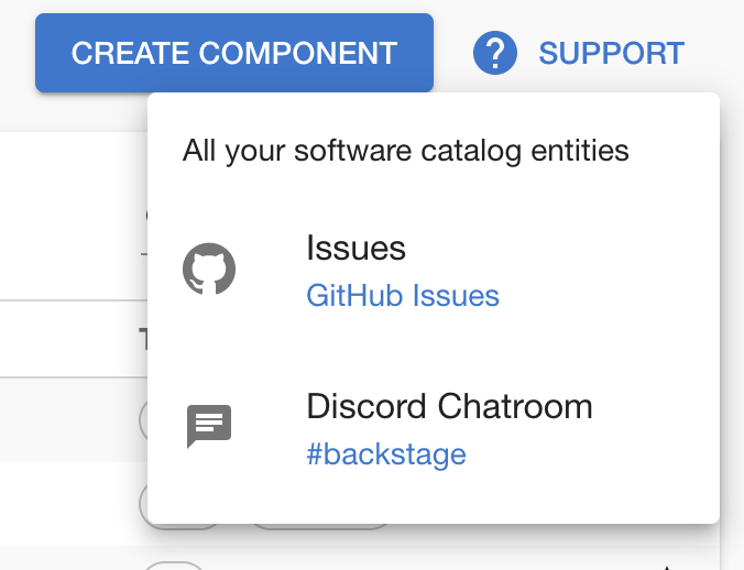 support button with a dropdown with links for GitHub issues and a discord chatroom