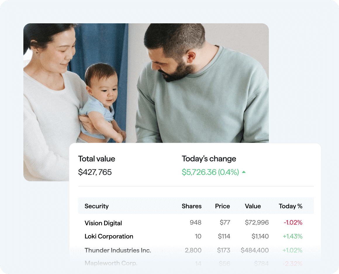 Family of 3 with baby and overlayed Quicken Classic investments tracking feature user interface.
