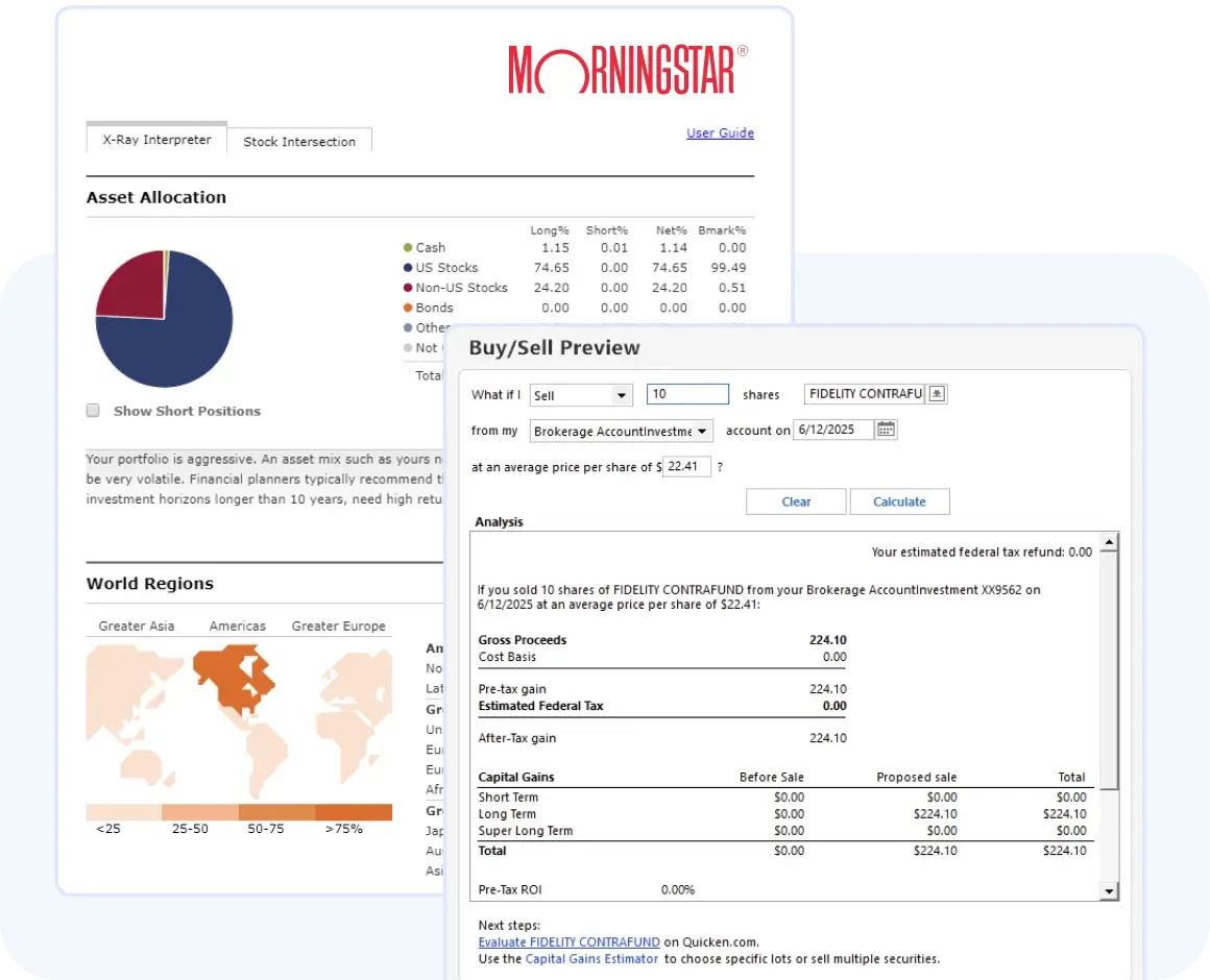 Morningstar investment analysis screen showing asset allocation charts and a Buy/Sell Preview window estimating proceeds, cost basis, and capital gains for selling shares from a brokerage account.