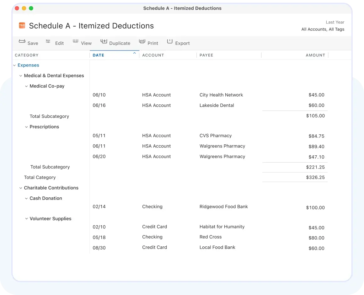 Schedule A – Itemized Deductions report showing categorized expenses and charitable contributions with dates, accounts, payees, and amounts for the previous year.