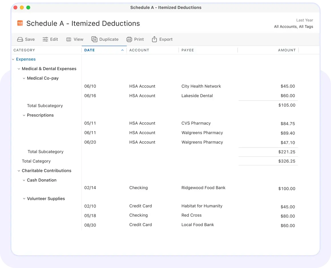 Schedule A – Itemized Deductions report showing categorized expenses and charitable contributions with dates, accounts, payees, and amounts for the previous year.