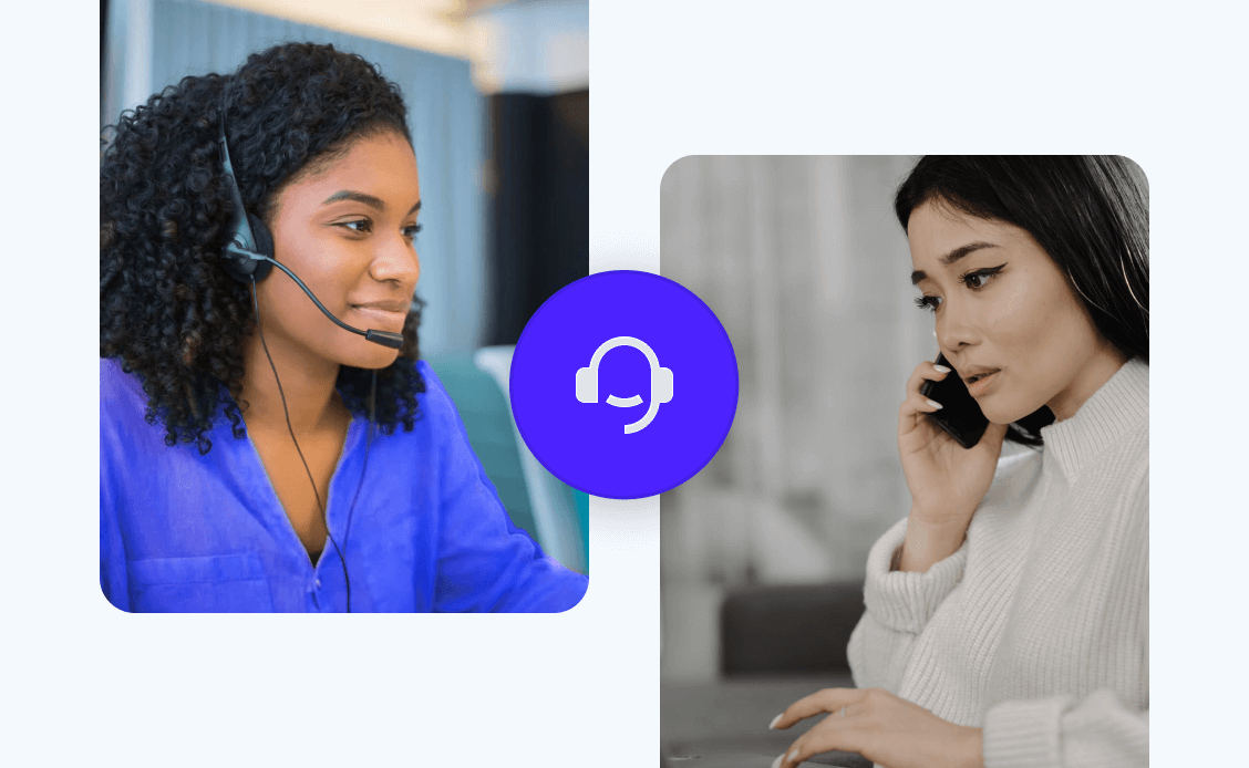 2 woman on the phone while a blue logo of a headphone is interconnected.