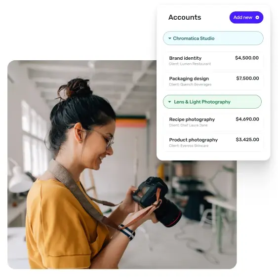 Photo of a photographer reviewing images on a camera, overlaid with a Quicken Accounts panel showing two business accounts -- Chromatica Studio and Lens and Light Photography -- with project entries including Brand identity at $4,500 and Recipe photography at $4,690.