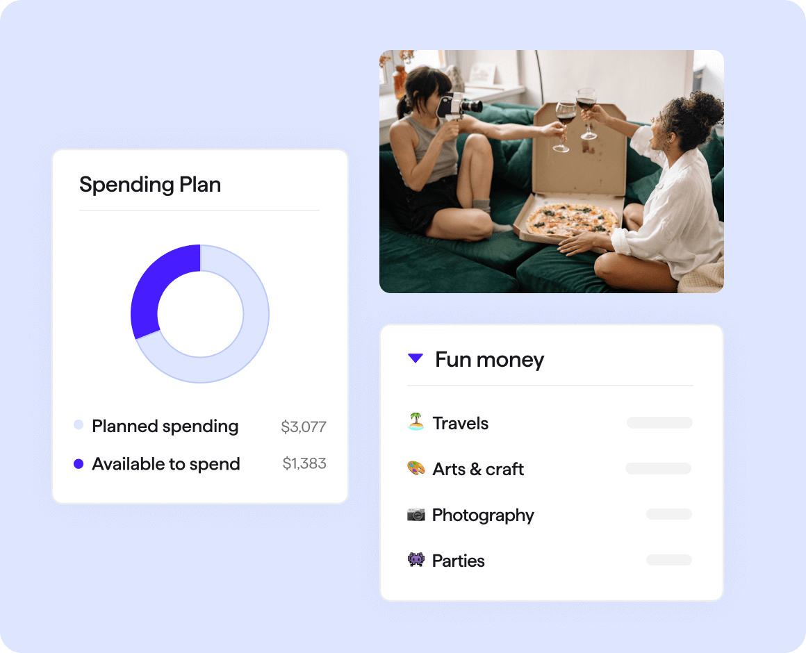 Two women are celebrating a party with pizza and wine, while one woman is capturing a picture of the moment, along with a Quicken Simplifi spending plan graph.